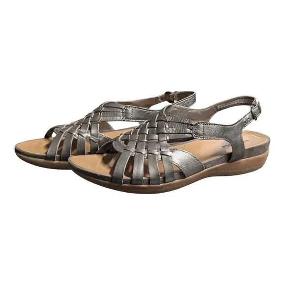 G.H. Bass & Co Kat Metallic Silver Woven Leather Ankle Strap Sandals Size 8.5 M - Picture 1 of 8
